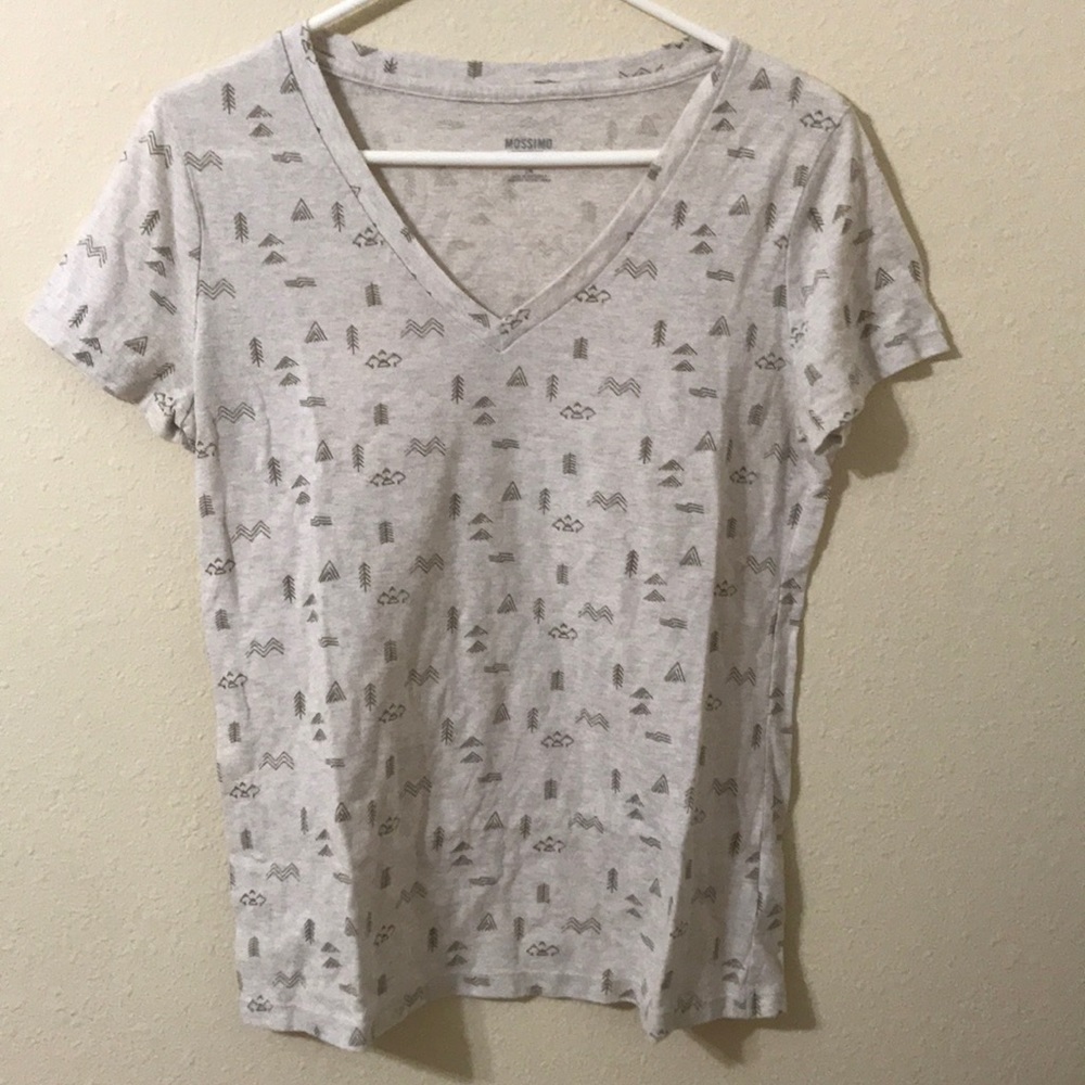 White Beige Arrow Geometric Pattern V Neck T-Shirt